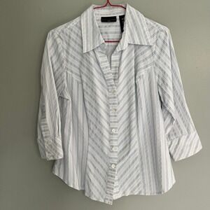 Apostrophe Petite Womens Blue White Striped 3/4 Sleeve Button Up Blouse Size M